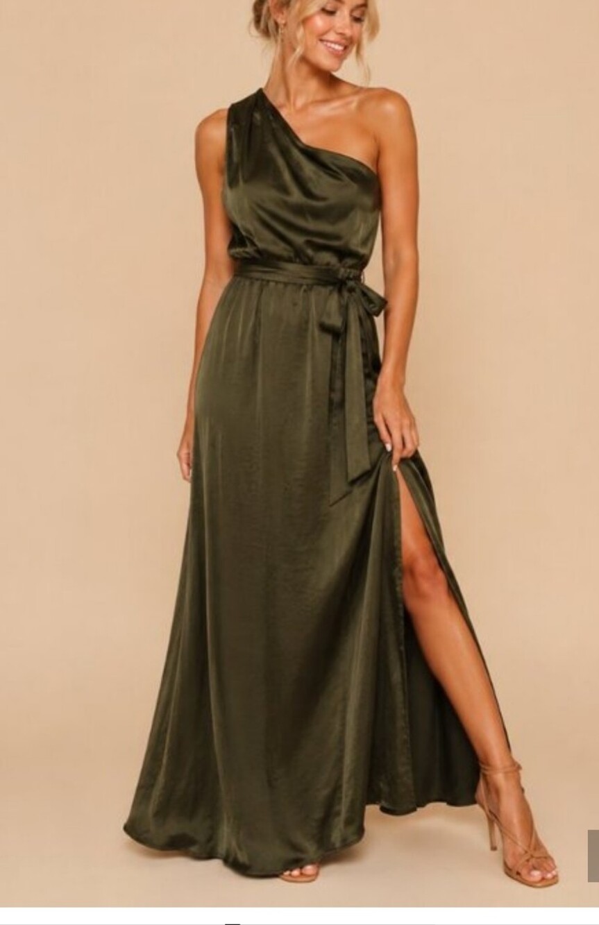 Olive One-Shoulder Satin Maxi Dress with Self-Tie Waist And Leg Slit